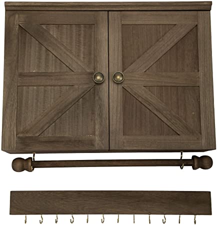 Rustic Wall Mounted Jewelry Organizer Wooden Cabinet with Barndoor Decor, Jewelry Holder for Necklaces, Earrings, Bracelets, Ring Slots, Accessories. Includes Hook Organizer (Brown)