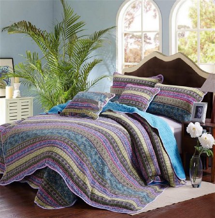Striped Jacquard Style 3-Piece Patchwork Bedspread/Quilt Sets ,100% Cotton,Queen