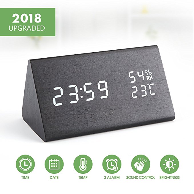 Digital Alarm Clock, [2018 NEW] Wooden Alarm Clock with Triple Alarms Setting, 3 Levels Brightness Dimmer, Dual Time (12/24) Mode, Temperature and Humidity LED Digital Clock for Home Bedrooms