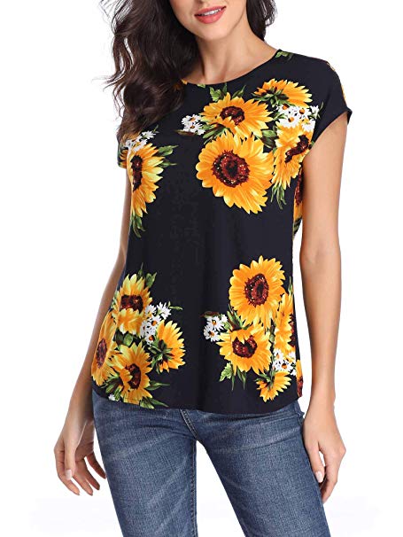 TORARY Women Boatneck Floral Summer Casual Chiffon Blouse Top