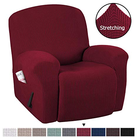Elegant Luxury High Spandex Recliner Covers Modern Stretch Jacquard Furniture Protector, 1 Piece Recliner Covers for Large Leather Recliner, Super Soft Machine Washable, Burgundy Red, Recliner