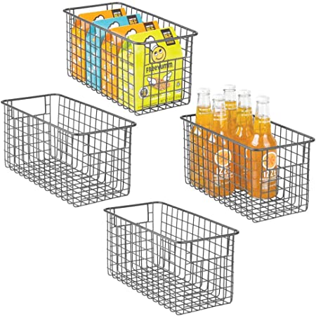 mDesign Farmhouse Decor Metal Wire Food Storage Organizer, Bin Basket with Handles for Kitchen Cabinets, Pantry, Bathroom, Laundry Room, Closets, Garage - 12" x 6" x 6" - 4 Pack - Graphite Gray