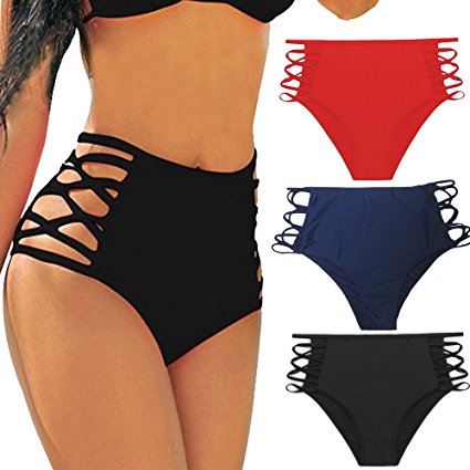 CROSS1946 Sexy Women's Bikini Retro High Waisted Strappy Brief Bottom Solid Tankini Swimsuit