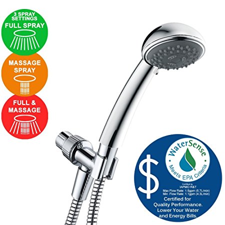 Uninex WaterSense Certified 1.5GPM High Efficiency Low Flow Energized H2O 3-Setting Hand Shower With Thread Tape (Bulk Packaging) Energy Saving