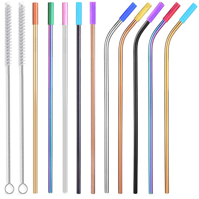 Colored Stainless Steel Straws with Silicone Tips, 10.5" Long Reusable Metal Straws for 20 30 OZ Yeti Tumbler, RTIC, Tervis, Starbucks, Mason Jar, Set of 10 with Cleaning Brush