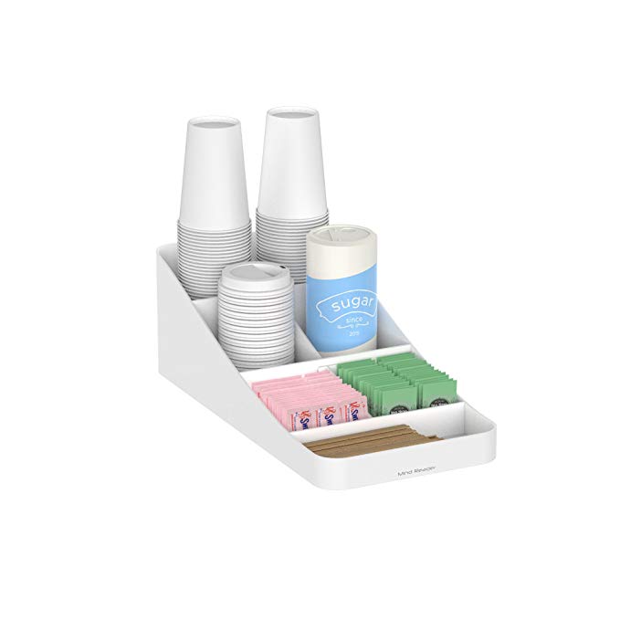 Mind Reader 7 Compartment Coffee Condiment, Cups, Lids, Sugars, Stirrers,Storage Organizer, White