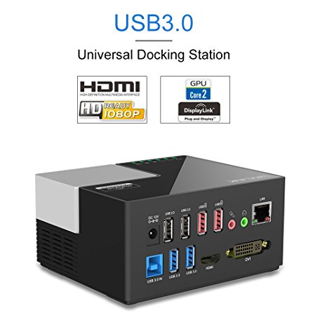 Wavlink Universal USB 3.0 Dual Video Docking Station Plug and Play DisplayLink Share DVI 1080P HDMI USB Hub, Quick Charging, Gigabit LAN, 6 Ports - Black