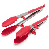 Kitchen Tongs and Cooking Utensils Red Silicone Stainless Steel Tongs with Unique Stand Pack of 2 9 Inch and 12 Inch