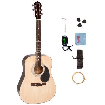 Trendy 41 Inch Full Size Dreadnought 6 Steel String Beginner Acoustic Guitar Package with Clip-On E-Tuner Extra Strings Strap Picks and Polishing Cloth - Natural