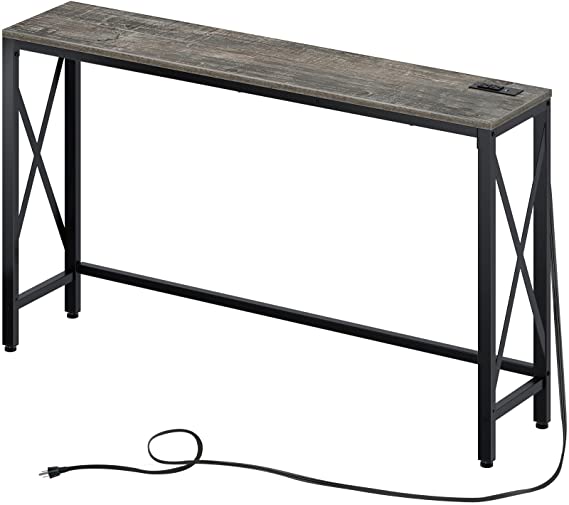 Rolanstar Console Table with Power Outlet, Narrow Sofa Table, 55” Farmhouse Table Behind Sofa Couch Hallway Entrance for Living Room, Entryway, Foyer, with Metal Frame and Adjustable Feet, Gray