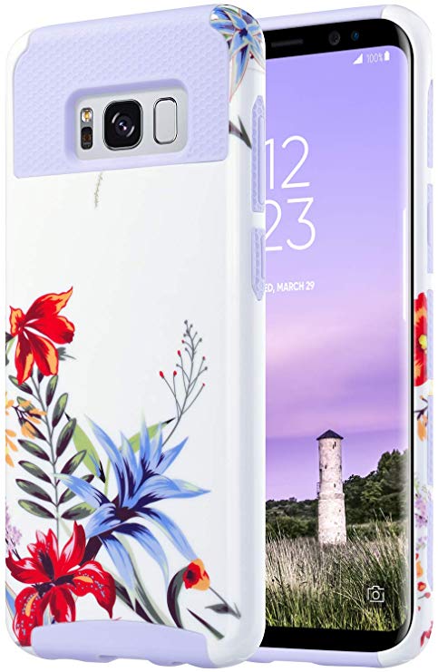 ULAK Galaxy S8 Case, Dual Layer Shield Anti-Slip Shock Absorbing Protective Case with Hybrid Cover Soft Silicone   Hard PC Design for Samsung Galaxy S8, Flower/Lavender