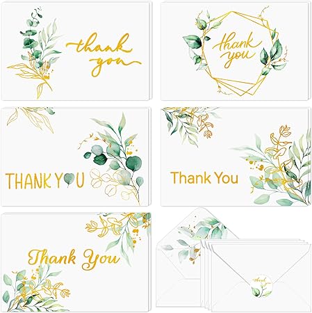 Thank You Cards with Envelopes and Stickers - Bulk Pack of 100 Gold Foil Greenery Watercolor Thank You Notes for Wedding Baby Shower Anniversary Bridal Shower and All Occasion - 4x6 Inch Small Design