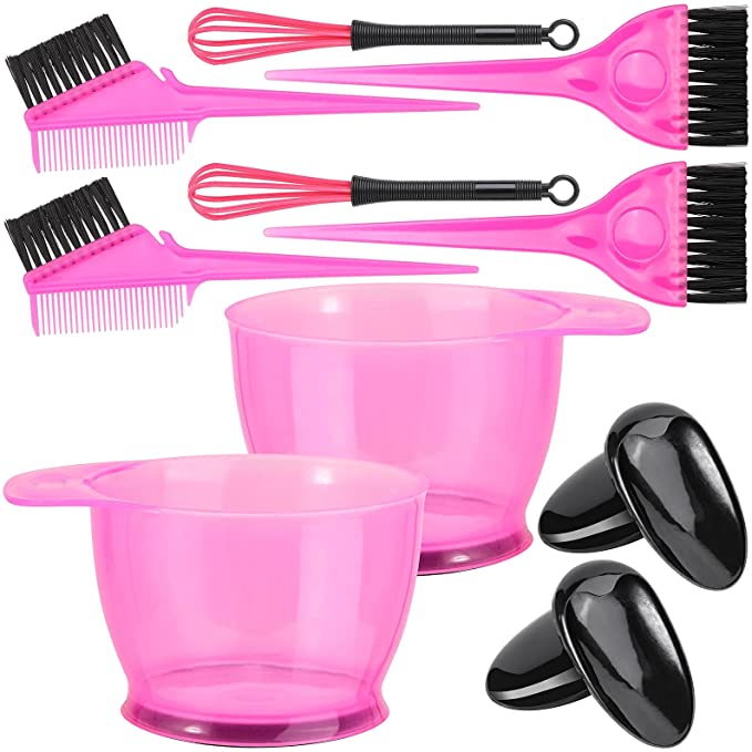 10 Pcs Professional Hair Coloring Dyeing Kit for Salon and Home, Mixing Bowl, Dye Color Brush, Ear Caps, Dye Mixer (Pink)