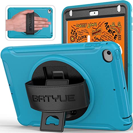 iPad Mini 4 Case/ iPad Mini 5 Case for Kids, BATYUE [Full-Body] & [Shock Proof] with 360° Rotating Kickstand Hand Strap Hybrid Armor Protective Case for iPad Mini 5th/ 4th Generation Case (Light Blue)