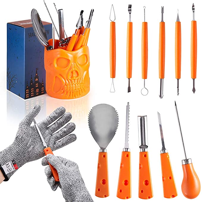 Pumpkin Carving Kit,11 Piece Professional pumpkin Carving Set whit Skull Shaped Holder and Cut Resistant Gloves,Heavy Duty Stainless Steel Tools for Halloween Pumpkin Decoration