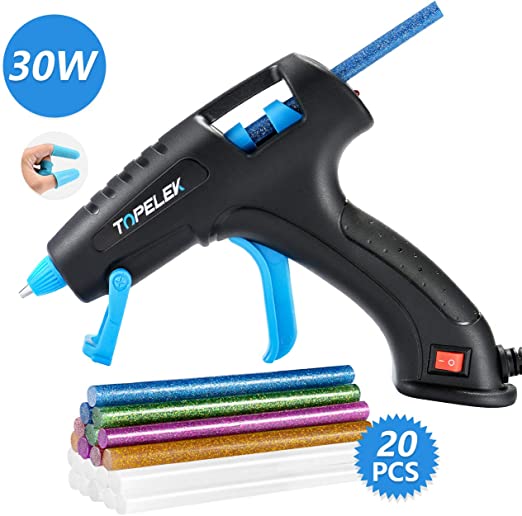 TOPELEK Hot Glue Gun,30W Glue Gun Kit with Longer Handle, 3 Finger Protectors, 20pcs Glue Sticks, Melting Gun for Small DIY Projects, Arts & Crafts, Home Quick Repairs, Black