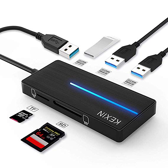 KEXIN Ultra USB 3.0 Data Hub 3-Port SD&TF Card Reader USB Hub for USB A Devices Lightweight Fast Speed (Black)