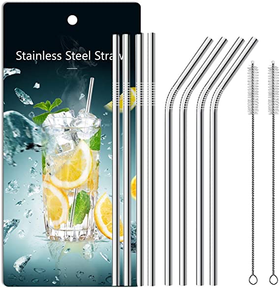 Set of 8 Reusable Stainless Steel Metal Straws, Alotpower 10.5 inch Drinking Straws with 2 Cleaning Brushes for 30oz 20oz Tumblers Cold Beverage Cups Mugs (4 Straight 4 Bent)