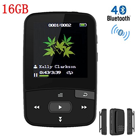 HONGYU C50 16GB Clip MP3 Player with Bluetooth 1.5 Inch Display Mini Portable Lossless Music Player with FM Radio / Voice Record for Running (Support up to 128GB- Black)