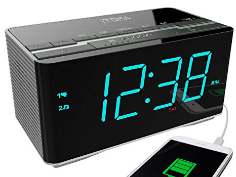 iTOMA Radio Alarm Clock FM Digital Radio Clock Bedside Alarm Clock, Wireless Bluetooth Stereo Speakers,Dual Alarms,Auto Brightness,Dimmer Control,1.4-inch Large Cyan Blue LED Display,USB Charging,Auxiliary Input,Backup Battery(CKS3501BT)…