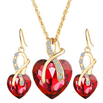 Mother's Day Gift Daoroka Austrian Crystal Fashion Heart Jewelry Sets Necklace Earrings Wedding Party Accessories (Length:44 cm  5cm Earrings 2.9cm, Red)