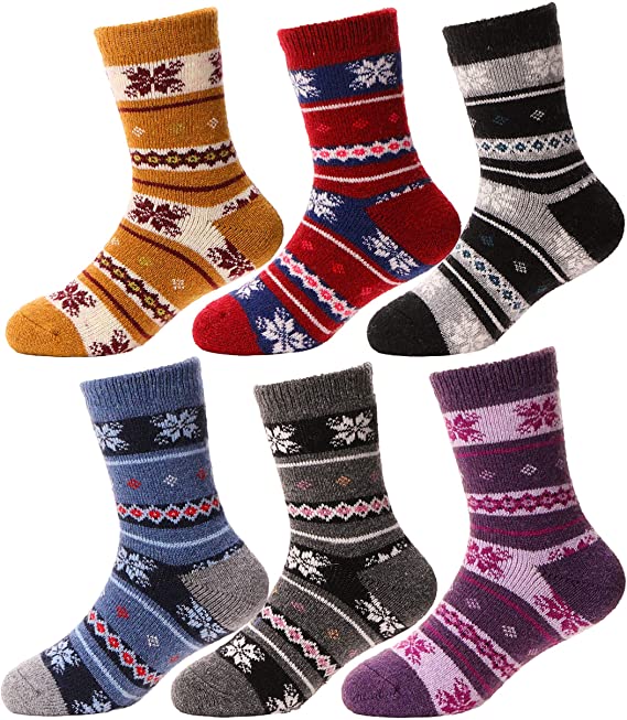 Kids Wool Socks 6 Pairs Boys Toddlers Girls Winter Boot Thermal Warm Cabin Thick Cotton Snow Soft Child Socks