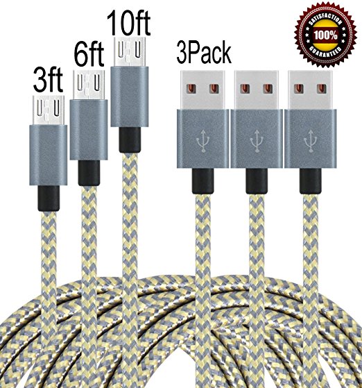 E-POWIND High Speed Nylon Braided Micro USB Charging Cable, 3 Pack of 3 Feet, 6 Feet, 10 Feet - Gold and Gray