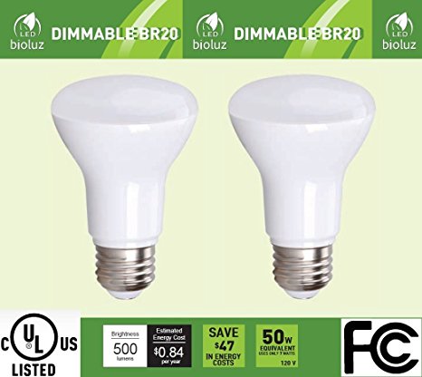 2-Pack BR20 R20 LED Bulb, Bioluz LED Dimmable BR20 7W (50 Watt Equivalent) Soft White (3000K) Indoor/Outdoor Floodlight LED Bulbs Medium Base (E26) UL Listed (Pack of 2)