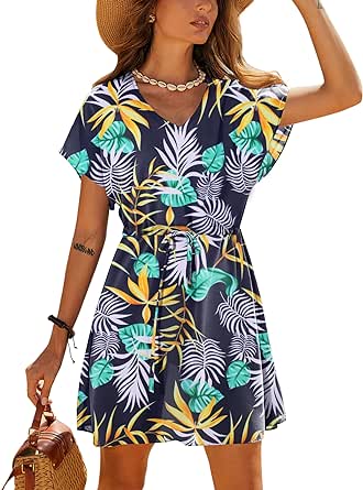 Ekouaer Womens Swimsuit Coverup Short Sleeve Beach Cover Up Dress V Neck Bikini Beachwear