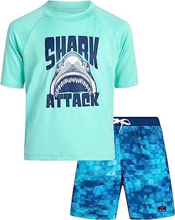 Big Chill Boys’ Rash Guard Set – UPF 50  Short Sleeve Swim Shirt and Bathing Suit Trunks – Swimwear Set for Boys (4-14)