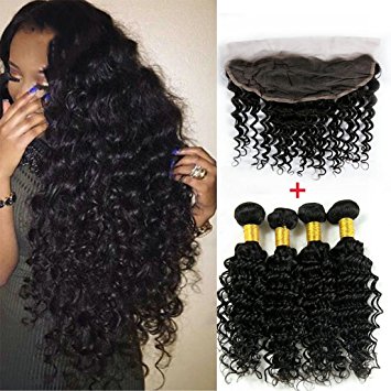 ALIMICE HAIR 3 pcs Virgin Indian Deep Curly Hair With Frontal Closure Indian Deep Wave With Frontal 13x4 Lace Frontal Closure With Bundles (20 & 22 & 24 & Closure 18)