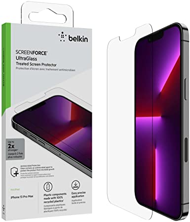 Belkin iPhone 13 Pro Max Screen Protector UltraGlass, AntiMicrobial-Treated, Easy Application Bubble Free with Included Guide Tray