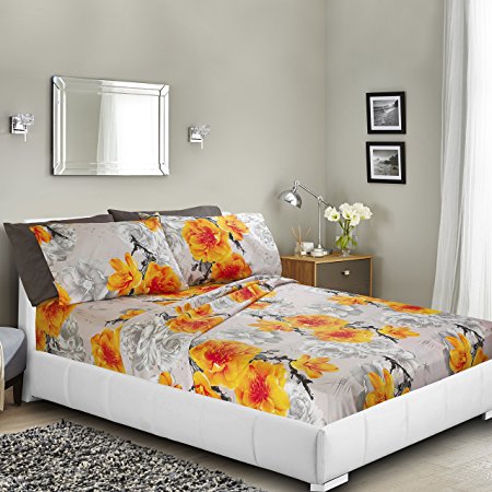 Printed Bed Sheet Set, Cal King - Yellow Flower - 6 Piece Bed Sheet 100% Soft Brushed Microfiber, Hypoallergenic, With Deep Pocket Fitted Sheet, 1800 Luxury Bedding Collection.