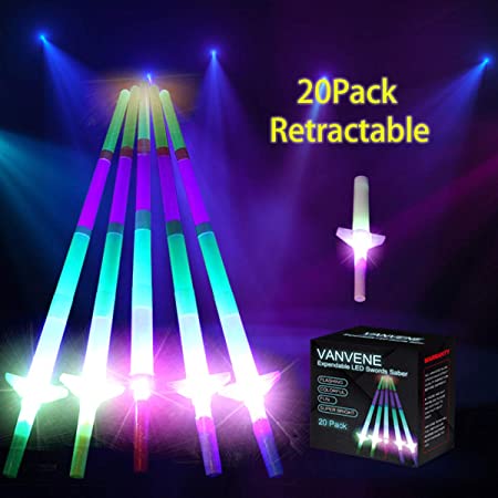 VANVENE Light Up LED Swords Expandable Laser Sabers Glow in Dark, Mini Glow Sticks, [20 Pack], 4-Section 5 Colors, Flashing Neon Party Favors - Batteries Included