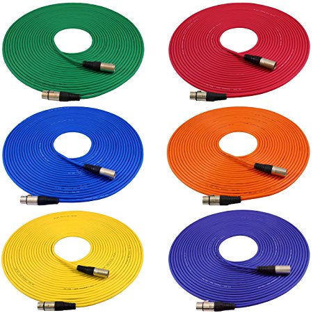 GLS Audio 50ft Mic Cable Cords - XLR Male to XLR Female Colored Cables - 50' Balanced Mike Cord - 6 PACK