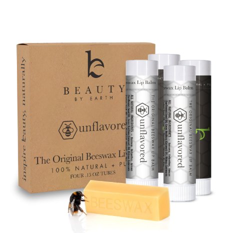 Lip Balm The Original Unflavored & Unscented (4 pack) - Natural, Pure Beeswax Lip Care with Aloe Vera & Vitamin E - Condition and Repair Dry Chapped Lips. Made in the USA by Beauty by Earth