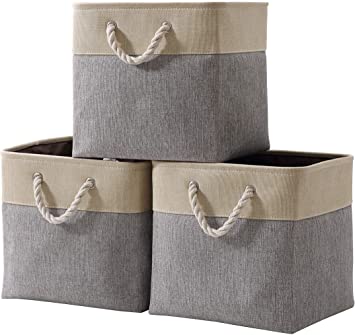 DECOMOMO Foldable Cube Storage Bin | Rugged Canvas Fabric Container with Rope Handles | Great for Organizing Closets, Offices and Homes (Grey/Beige, Cube - 33x33x33cm - 3 Pack)