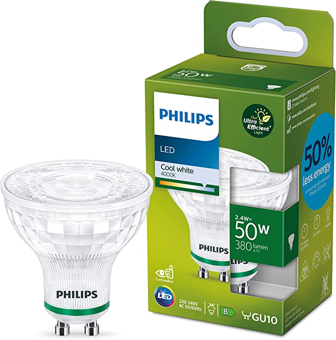 Philips LED Ultra Efficient Light Bulb A Label Energy Rating [Cool White 4000K - GU10 Spot] 50W Non Dimmable. for Indoor Home Lighting.