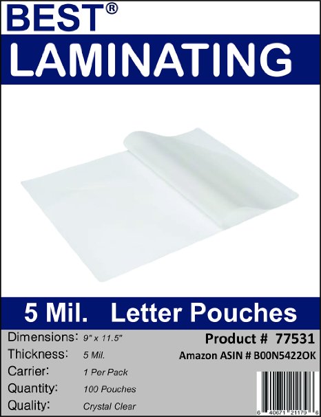 Best Laminating® - 5 Mil Clear Letter Size Thermal Laminating Pouches - 9 X 11.5 - Qty 100