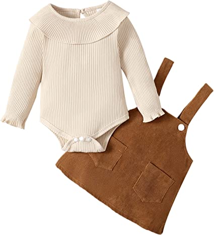 Weixinbuy Baby Girl Clothes Set Long Sleeve Ribbed Romper Top Pocket Suspender Skirt Newborn Girl Dresses Outfits