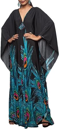 Bsubseach Women Ethnic Print Kaftan Beach Dress Plus Size Swimsuit Cover Up