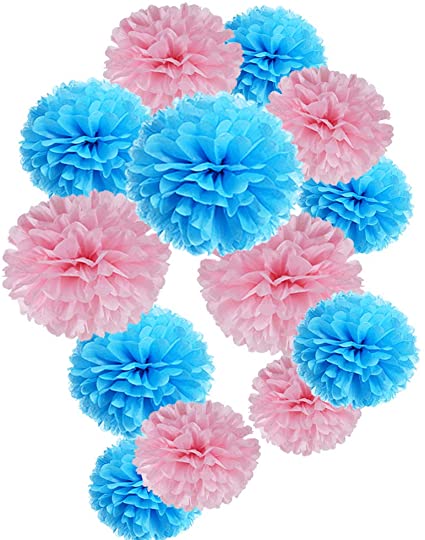 Paper Flower Tissue Pom Poms Gender Reveal Baby Shower Birthday Party Supplies(Baby Pink,Baby Blue,12pc)