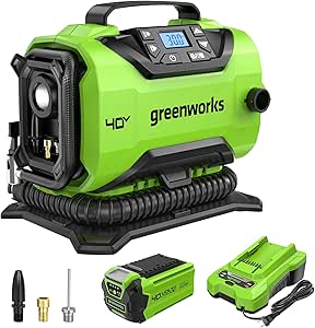 Greenworks 40V Cordless Tire Inflator, 160 PSI Portable Air Compressor, 2 Power Sources, Auto Shut Off, for Car, Bicycle, Motorcycle, Inflatables With 2.0 Ah USB (Power Bank) Battery & Charger