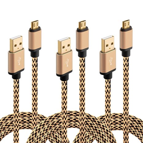 Micro USB Cable, HI-CABLE Fast  3 pack 6ft Quick Speed Braided Long Charging Cord For Samsung Galaxy S7 S6 Edge Plus, Note 4/ 5,S4 S5 Active, Tab A S/ S2 Pro, PS3/ 4, Android Phone Gold-Plated (Gold)