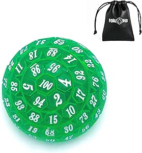 100 Sided Polyhedral Dice, Single D100 Game Dice, 100 Sided Cube with Black Pouch, D100 die 48 mm (Green with White Number)