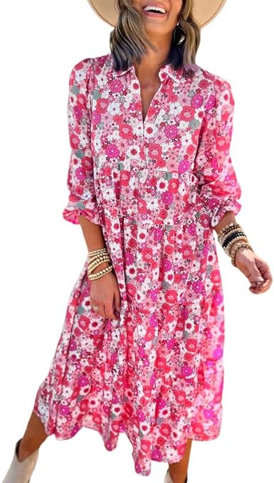 Dokotoo Women's Casual Loose Bohemian Floral Dresses 2024 Long Puff Sleeve V Neck Ruffle A Line Flowy Summer Beach Dress