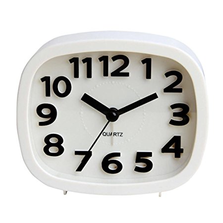 HENSE Non-ticking Sweep Second Quartz Movement Analog Bedside Alarm Clock Battery Operated 3D Arabic Numerals Alarm Clock HA07 (White)