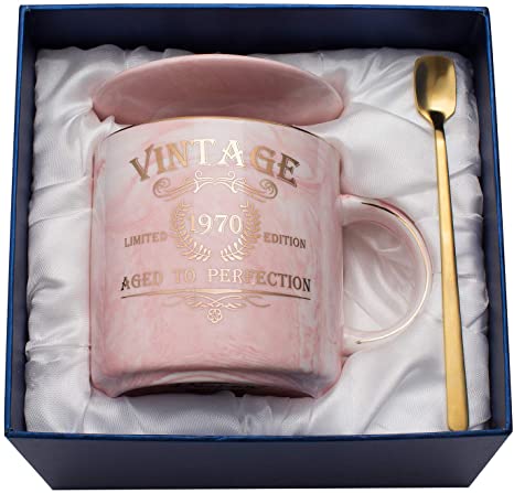 1970 50th Birthday Gifts for Women and Men Ceramic Mug - Funny Vintage 1970 Aged To Perfection - Anniversary Gift Idea for Him, Her, Mom, Dad Husband or Wife - Ceramic Marble Cups 11.5 oz (Pink)