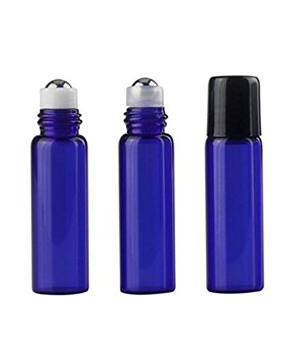 24PCS Blue 5ML Glass Roller Bottles Roll-on Bottle with Stainless Steel Roller Balls for Essential Oils Perfumes, 1PC 2ML Dropper Included