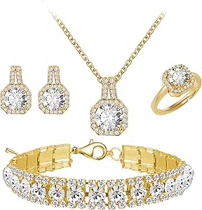 4pcs Cubic Zirconia Wedding Jewelry Sets for Bride Bridesmaid Cubic Zirconia Pendant Necklace Earrings Link Tennis Bracelet Open Ring Set for Women Birthday/Valentine's Day/Mother's Day/Christmas